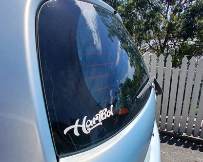 Haribol Sticker in a blue car