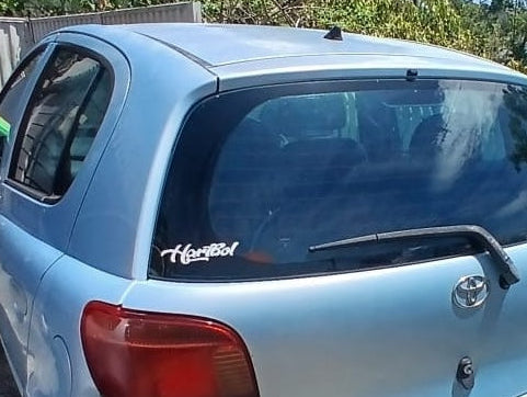 A light blue Toyota Corolla hatchback car, viewed from the rear left side, parked outdoors with trees and a fence in the background. A white 'Haribol' script decal is visible on the rear window.