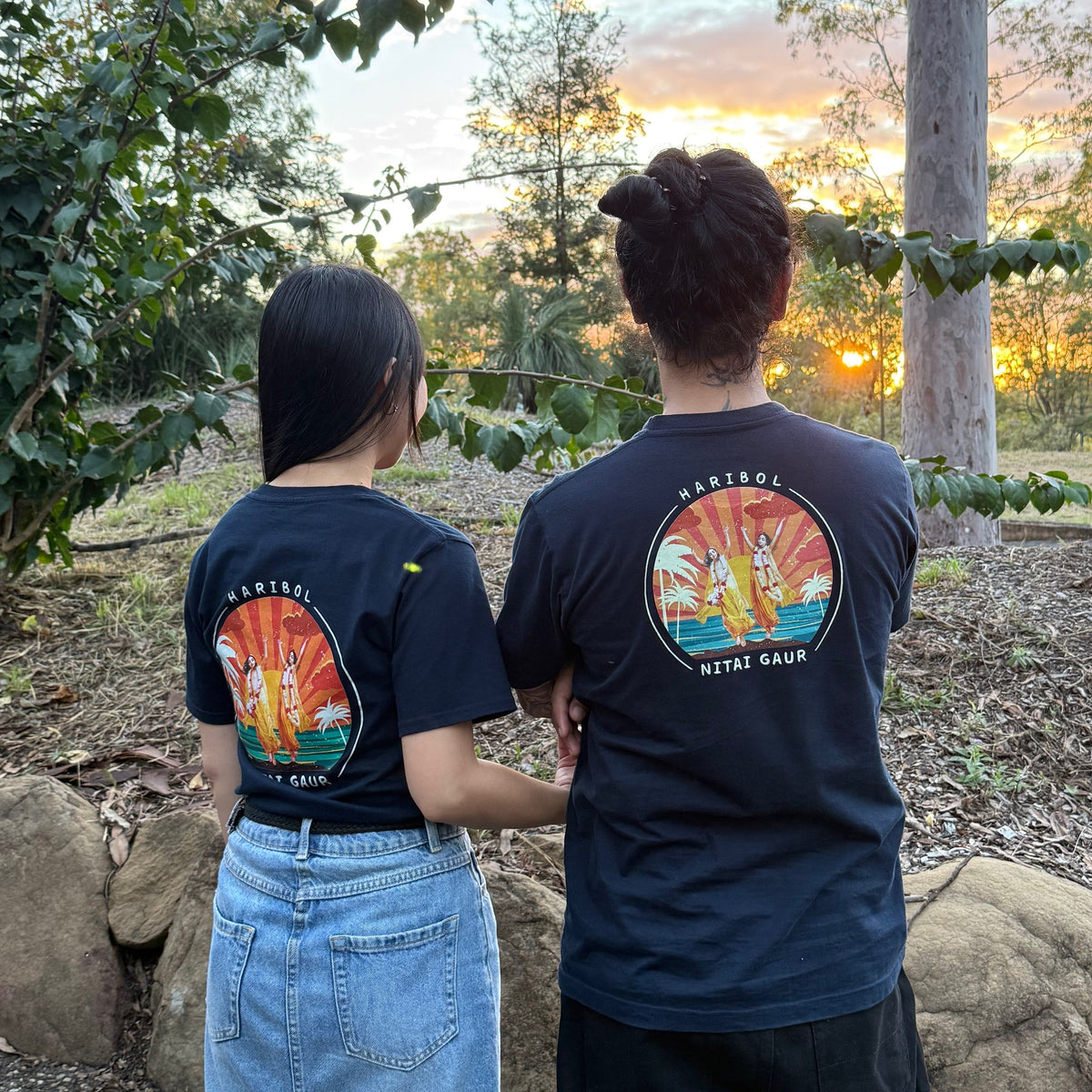 Happy devotees wearing Haribol Nitai Gaur Tee