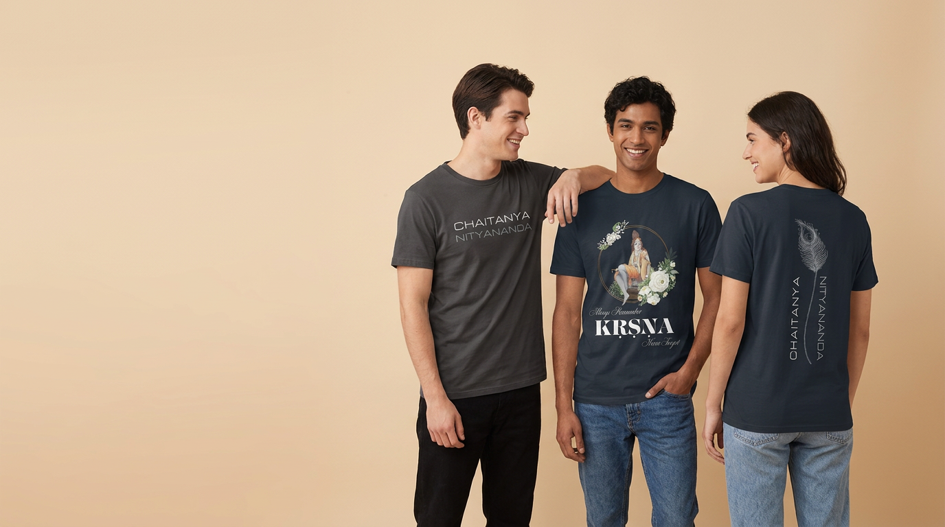 Nectar of Love homepage footer banner - models wearing devotional tees